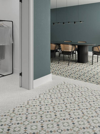 Carrelage Imitation Mosaïque Motif Croix Bleu, Vert et Beige - 28x28cm - FV2702100