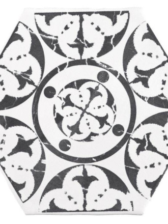 Carrelage tomette hexagonale décor noir délavé fond blanc HE0807002