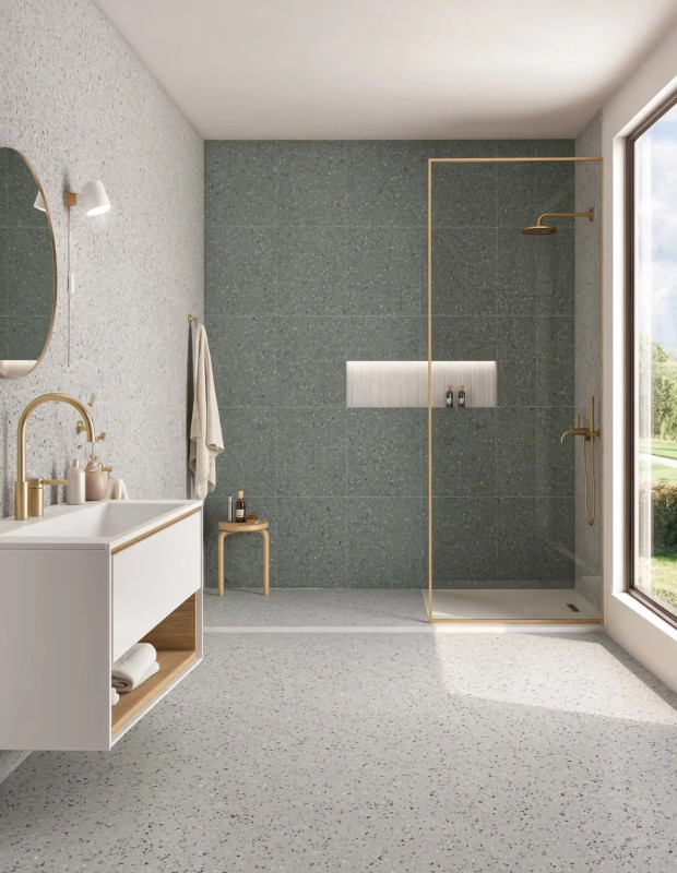 Wand- & Bodenfliese Terrazzo Grün 30x30 Tiny | Kalibriert