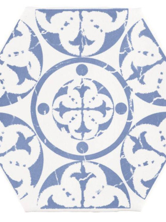 Carrelage tomette hexagonale décor bleu délavé fond blanc HE0807001