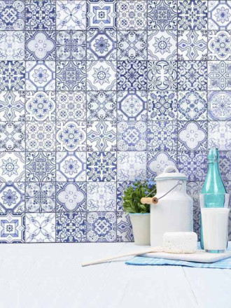Carrelage mural type azulejo, décors bleu indigo 20 x 20 cm