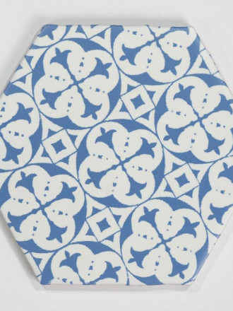 Carrelage tomette hexagone à décor bleu délavé et fond blanc HE0811010