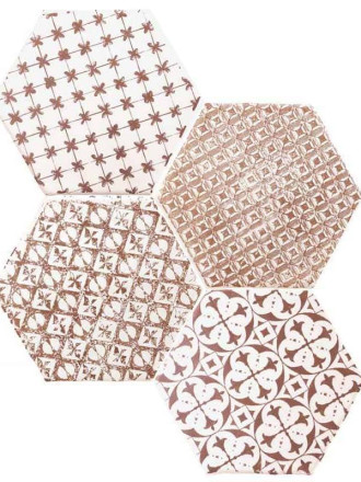 Tomette hexagonale décors rouges délavés sur fond blanc HE0811011
