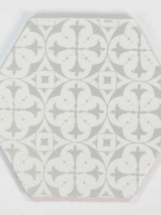 Tomette hexagonale décors gris délavés sur fond blanc HE0811012