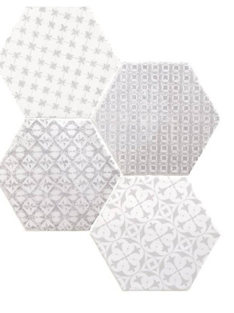 Tomette hexagonale décors gris délavés sur fond blanc HE0811012