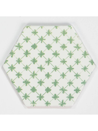 Tomette hexagonale décors verts délavés sur fond blanc HE0811014