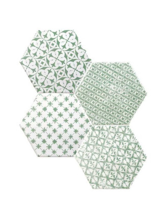 Tomette hexagonale décors verts délavés sur fond blanc HE0811014